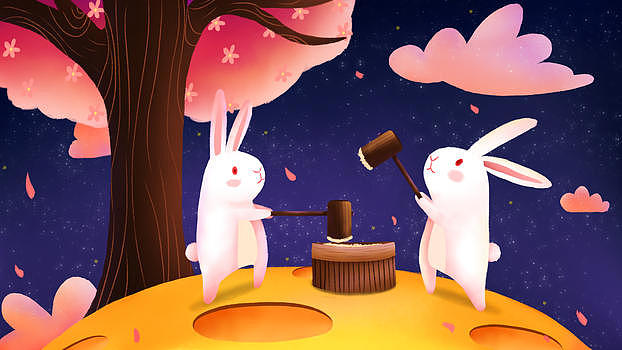 中秋节兔子捣年糕手绘插画图片素材免费下载
