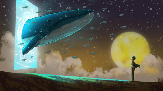 奇幻梦境中的鲸鱼与少年图片素材免费下载