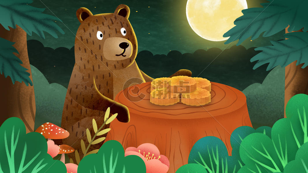 中秋节卡通森林熊过中秋插画图片素材免费下载