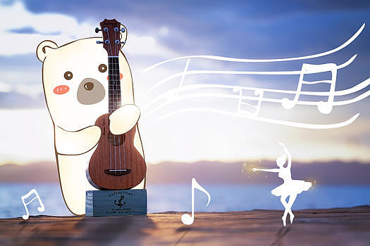 小熊湖边弹吉他创意摄影插画图片素材免费下载