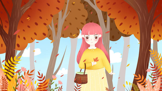秋天森林女孩插画图片素材免费下载