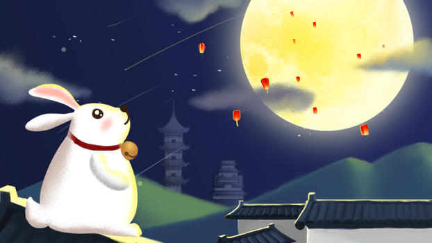 中秋节古典建筑月兔灯笼插画图片素材免费下载
