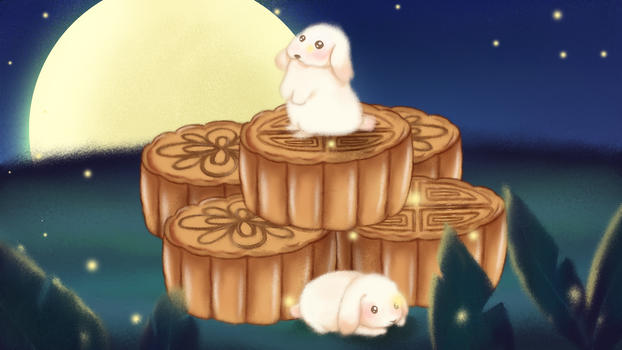 中秋节月饼玉兔圆月插画图片素材免费下载