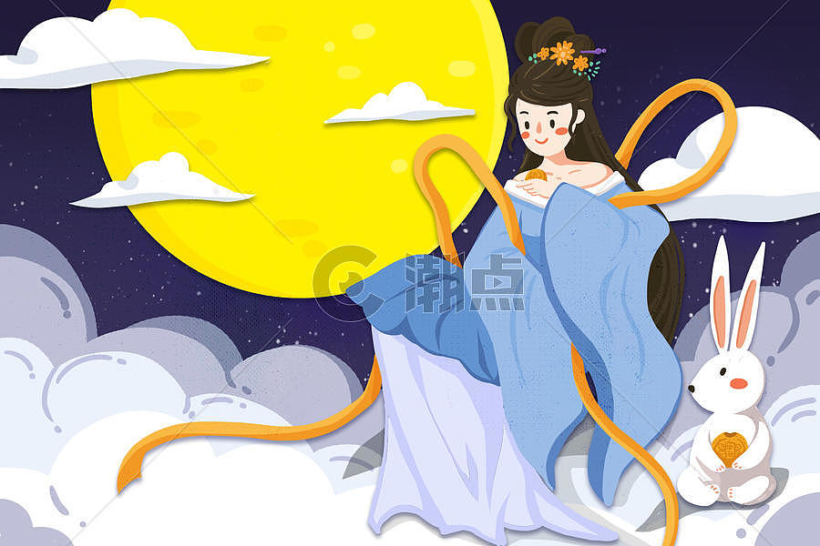 中秋节嫦娥与兔子吃月饼图片素材免费下载