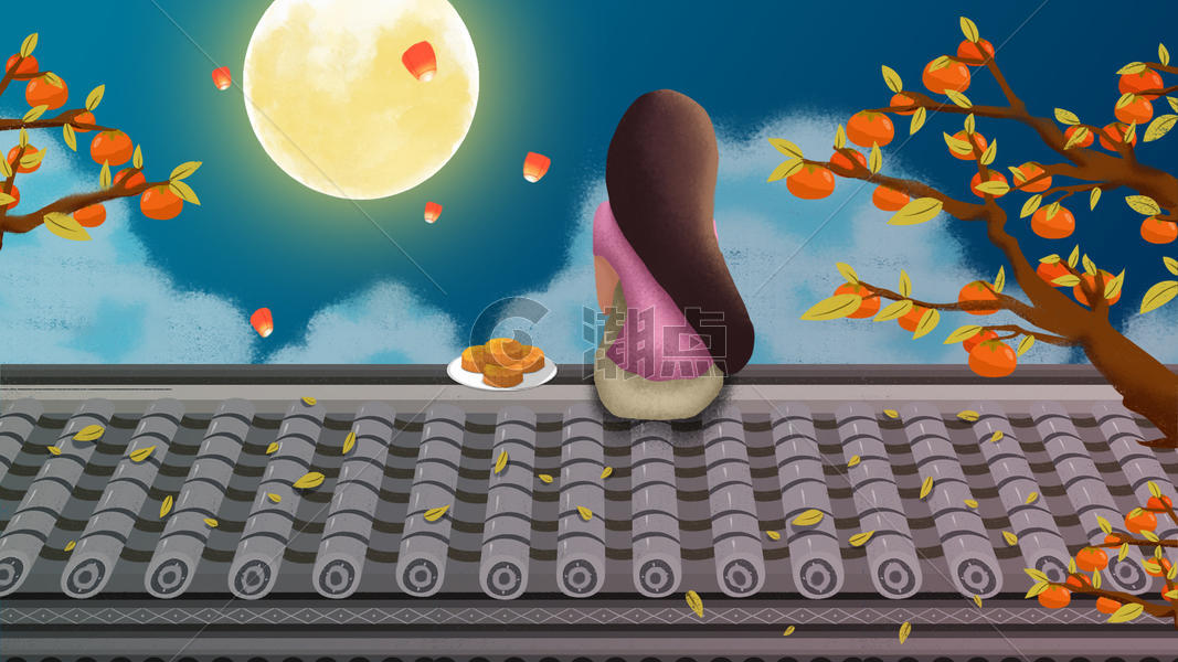 中秋节女孩屋顶吃月饼赏月插画图片素材免费下载