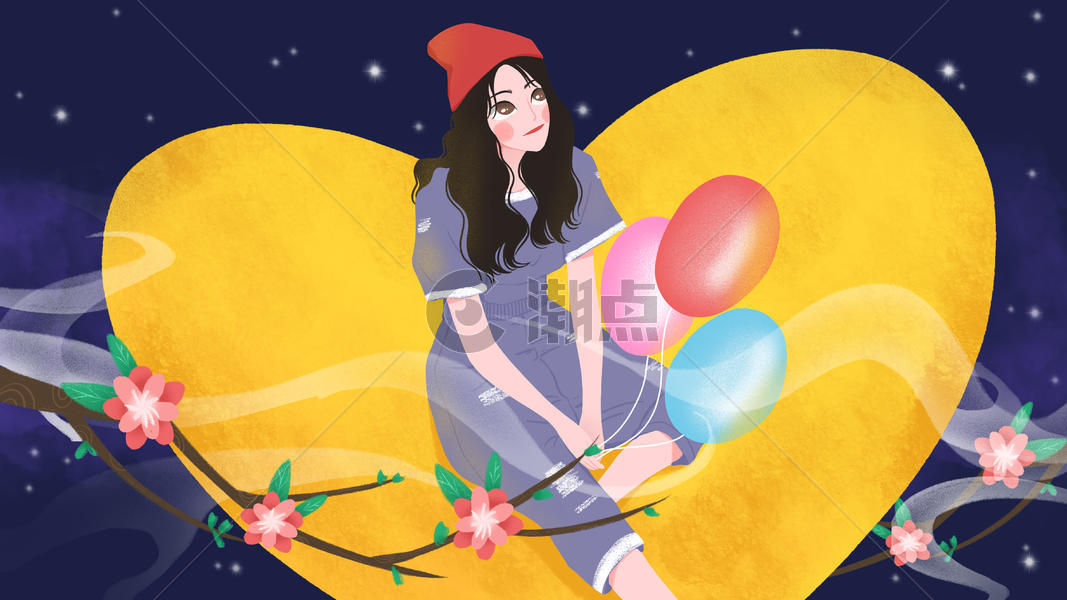 文艺小清新心形月亮中秋节气球女孩插画图片素材免费下载