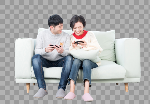 年轻情侣在客厅玩手机游戏图片素材免费下载