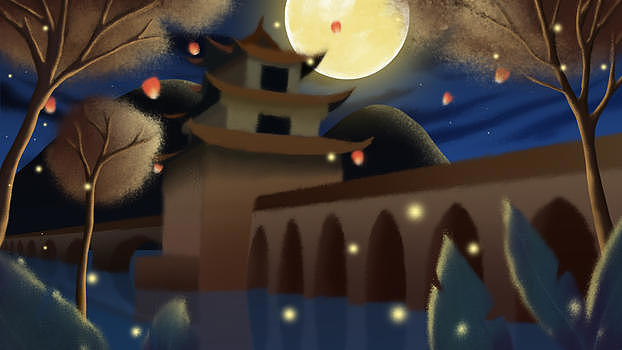 中秋节圆月古楼夜景插画图片素材免费下载