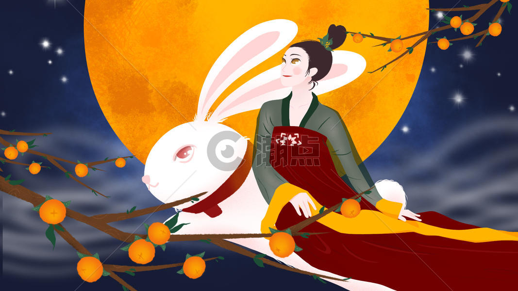 古装美女嫦娥玉兔柿子中秋插画图片素材免费下载