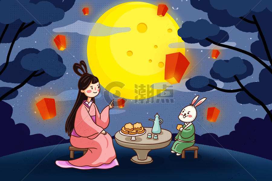 嫦娥兔子赏月吃月饼图片素材免费下载