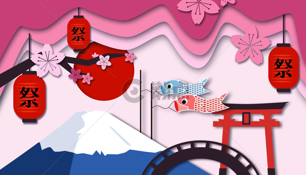 剪纸风日本风景图片素材免费下载