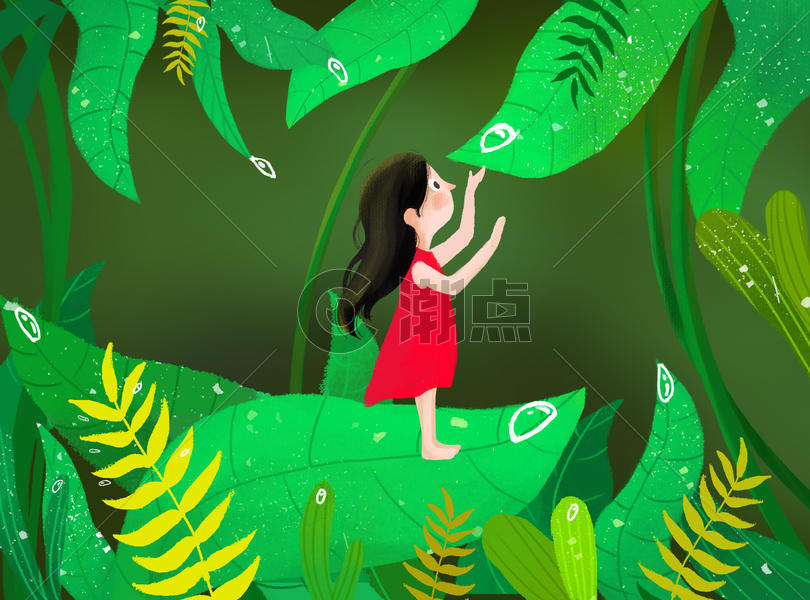 清新绿色小女孩接露水插画图片素材免费下载