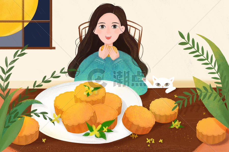 中秋节吃月饼的女孩图片素材免费下载