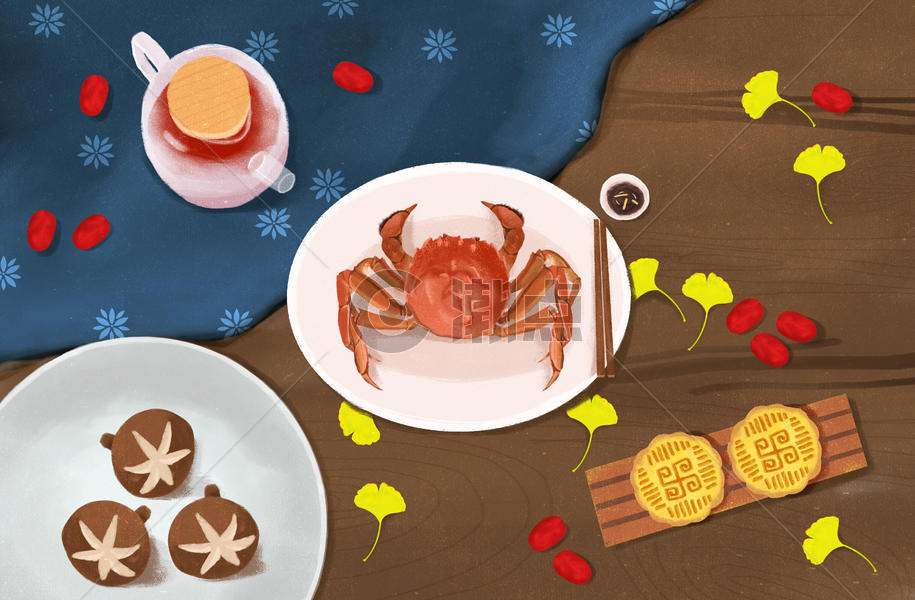 中秋节餐桌美食插画图片素材免费下载