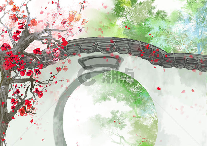 古风城墙古宅梅花插画原画2339*1654图片素材免费下载-编号158301-潮点视频