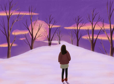 雪夜云月唯美女孩插画图片素材免费下载