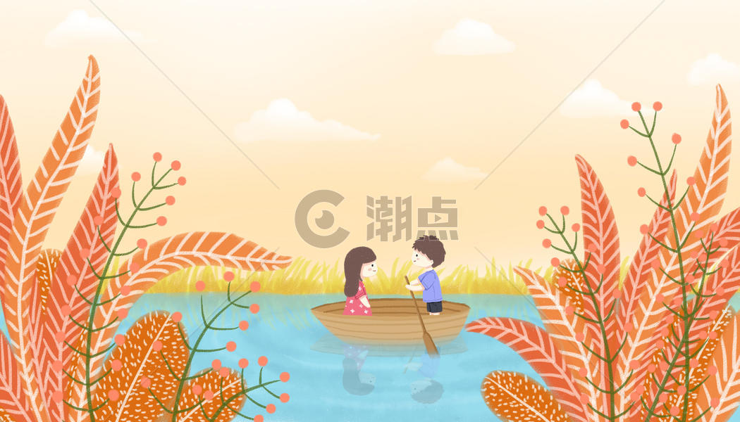 秋天湖面上划船的情侣图片素材免费下载