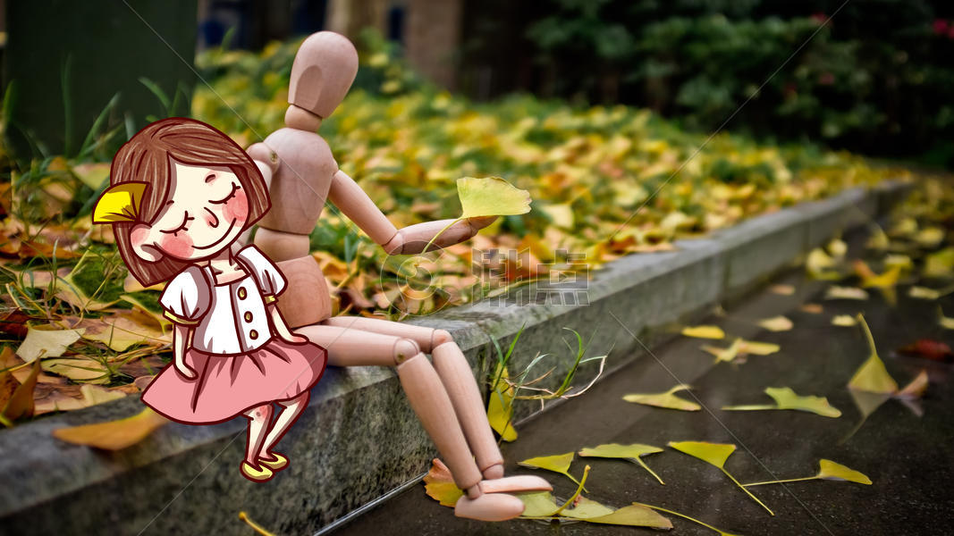 秋天银杏树下的人偶图片素材免费下载