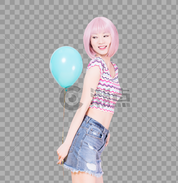 假发美女粉色背景气球创意照图片素材免费下载