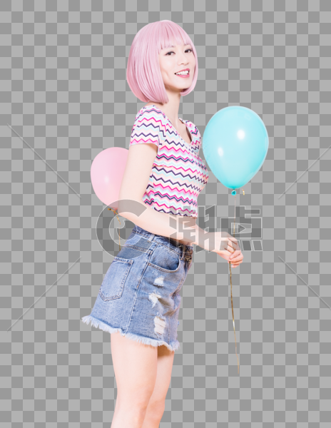 假发美女粉色背景气球创意照图片素材免费下载