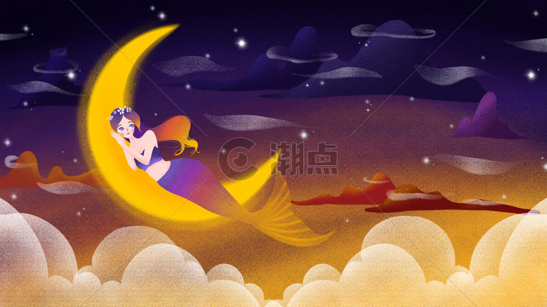 9月处女座月亮美人鱼天空意境插画图片素材免费下载