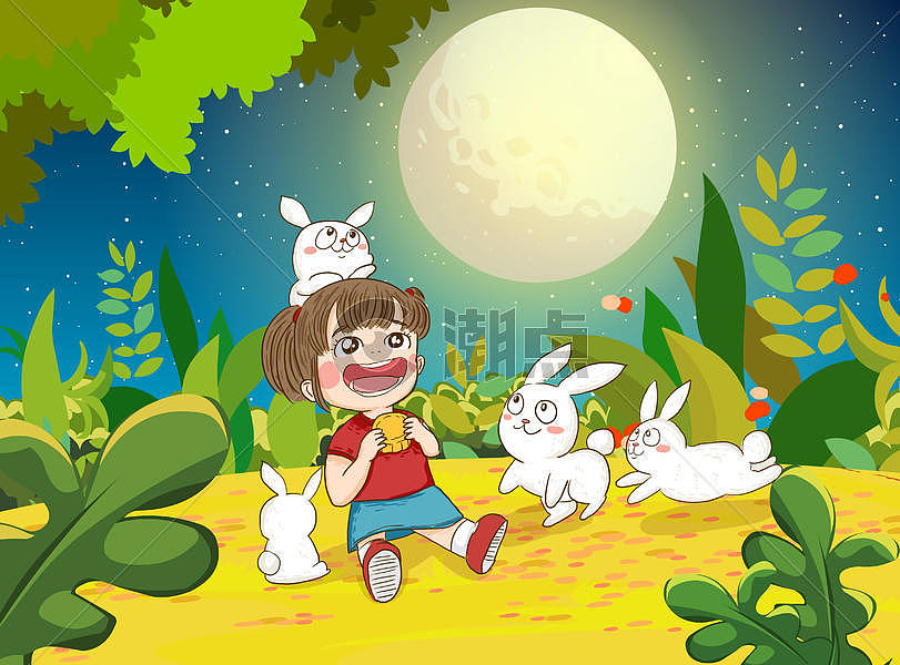 女孩和兔子一起看月亮吃月饼图片素材免费下载