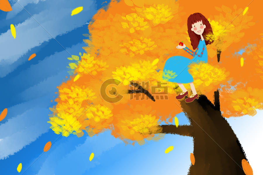 秋天坐在树上的女孩图片素材免费下载