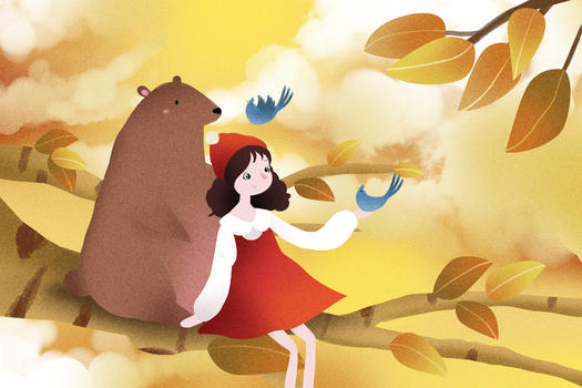 秋天里的少女和熊图片素材免费下载