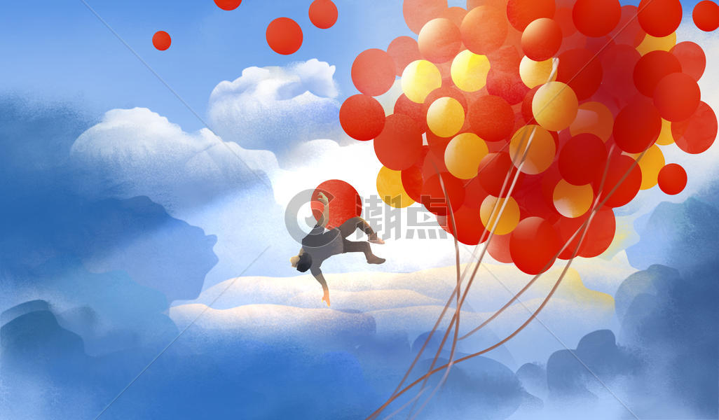 云层上飘扬的气球与男孩的梦图片素材免费下载