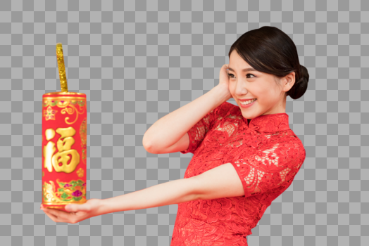 春节手拿福字鞭炮的美女图片素材免费下载