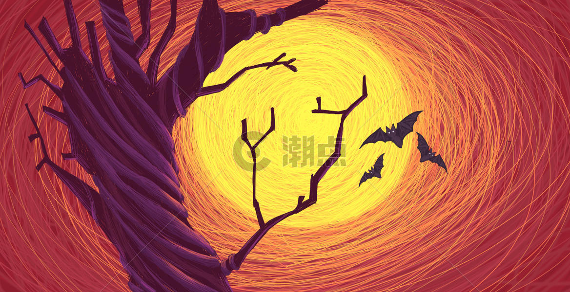 手绘万圣节枯树蝙蝠图片素材免费下载