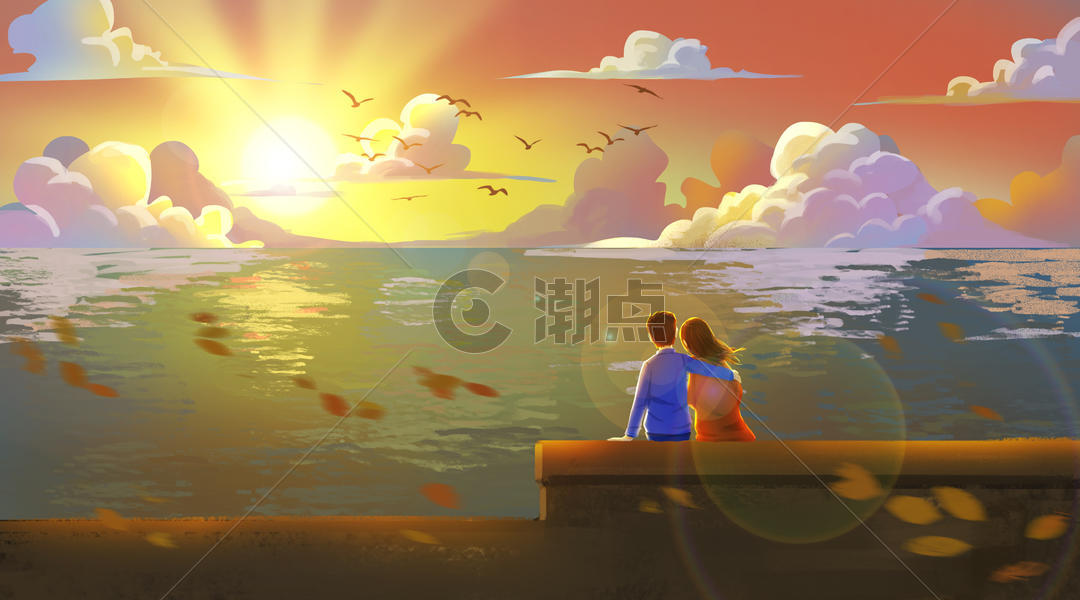 海边遥望夕阳的情侣图片素材免费下载
