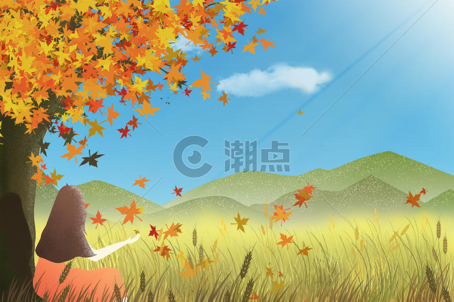 秋天靠在树旁的女孩背影图片素材免费下载