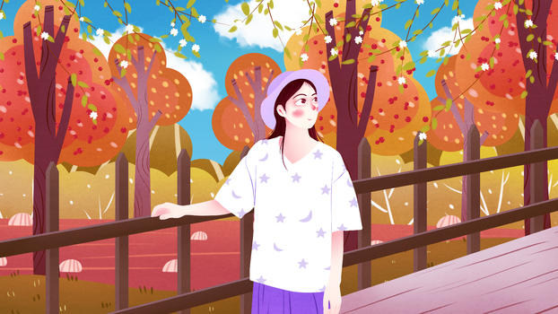 秋分女孩公园走廊插画图片素材免费下载