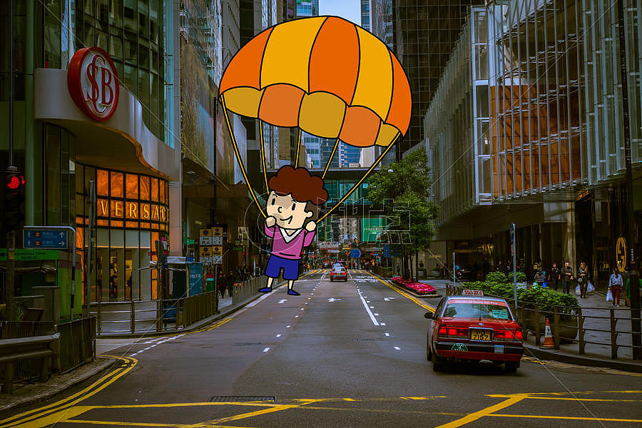 降落伞环游都市创意摄影插画图片素材免费下载
