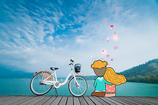 情侣骑单车看海创意摄影插画图片素材免费下载