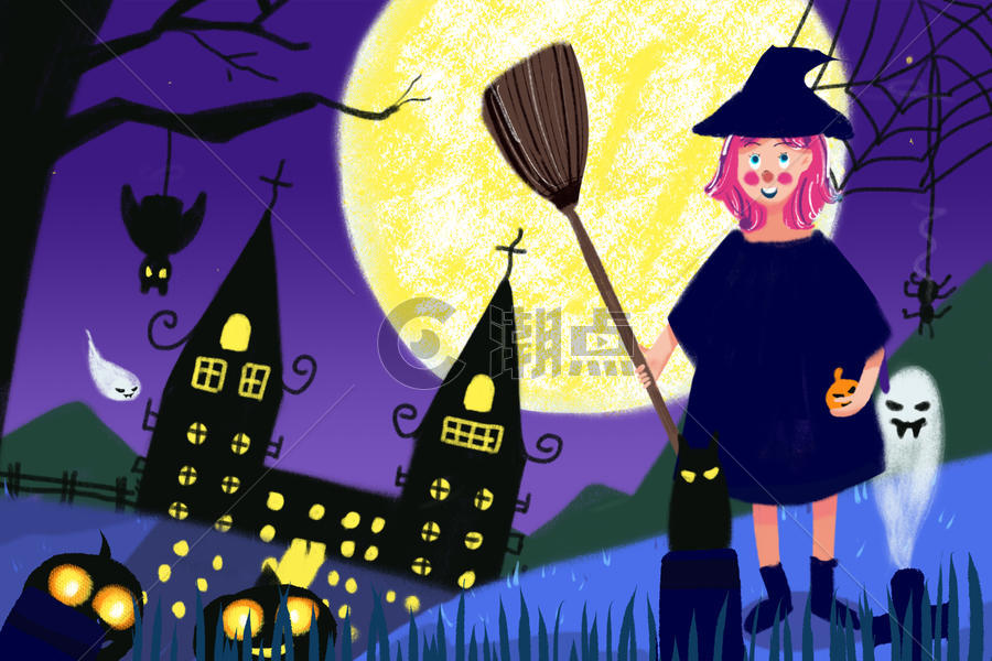 万圣节月亮下的女巫南瓜和小鬼插画图片素材免费下载