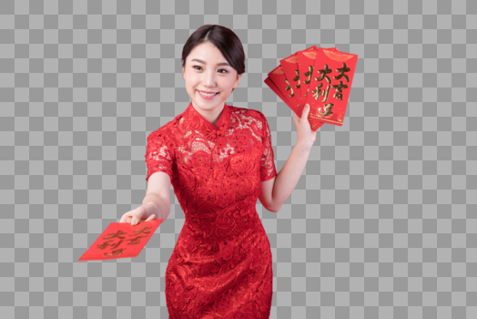 新春美女在发红包图片素材免费下载
