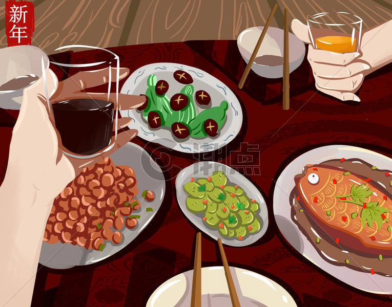 新年年夜饭插画图片素材免费下载