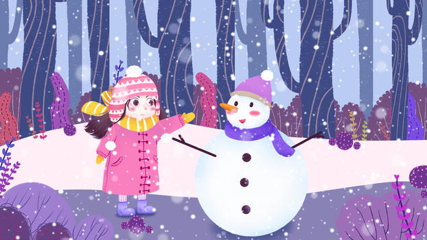 清新唯美冬季小雪节气堆雪人插画图片素材免费下载