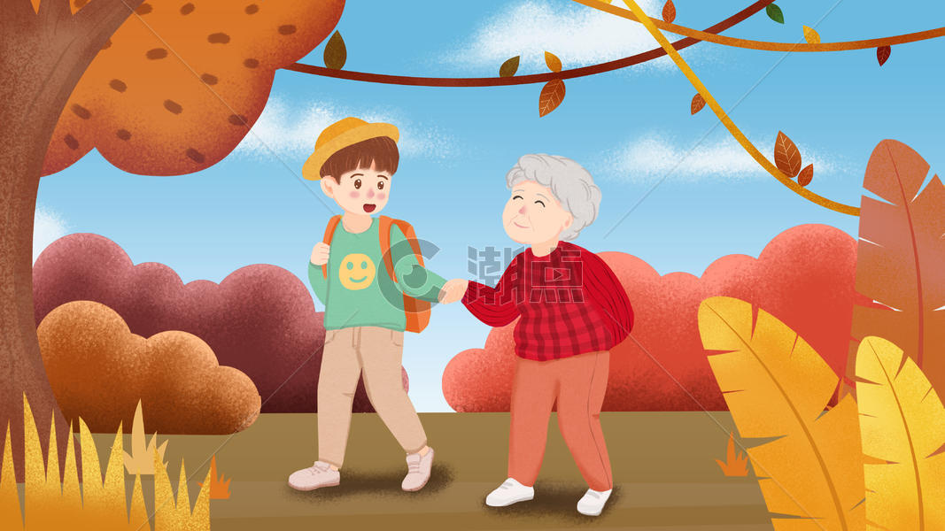 重阳节陪伴老人户外散步插画图片素材免费下载