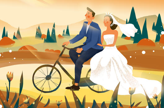 秋天骑自行车结婚插画图片素材免费下载