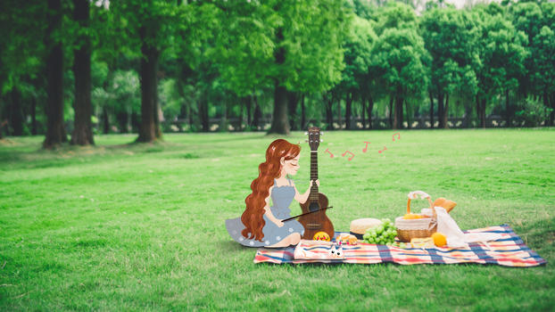 野餐时拉琴的女孩图片素材免费下载