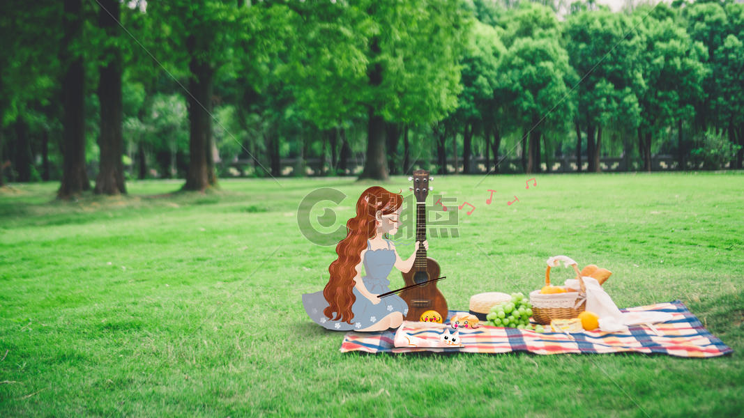 野餐时拉琴的女孩图片素材免费下载