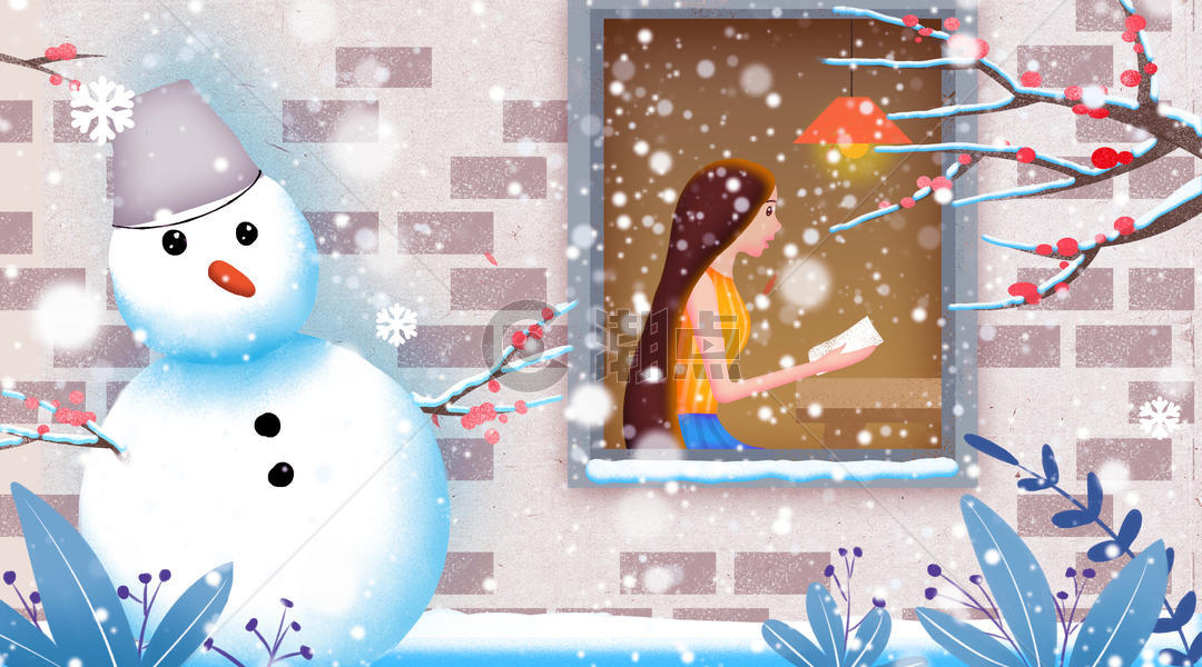 冬季小雪女孩坐在窗前阅读插画图片素材免费下载