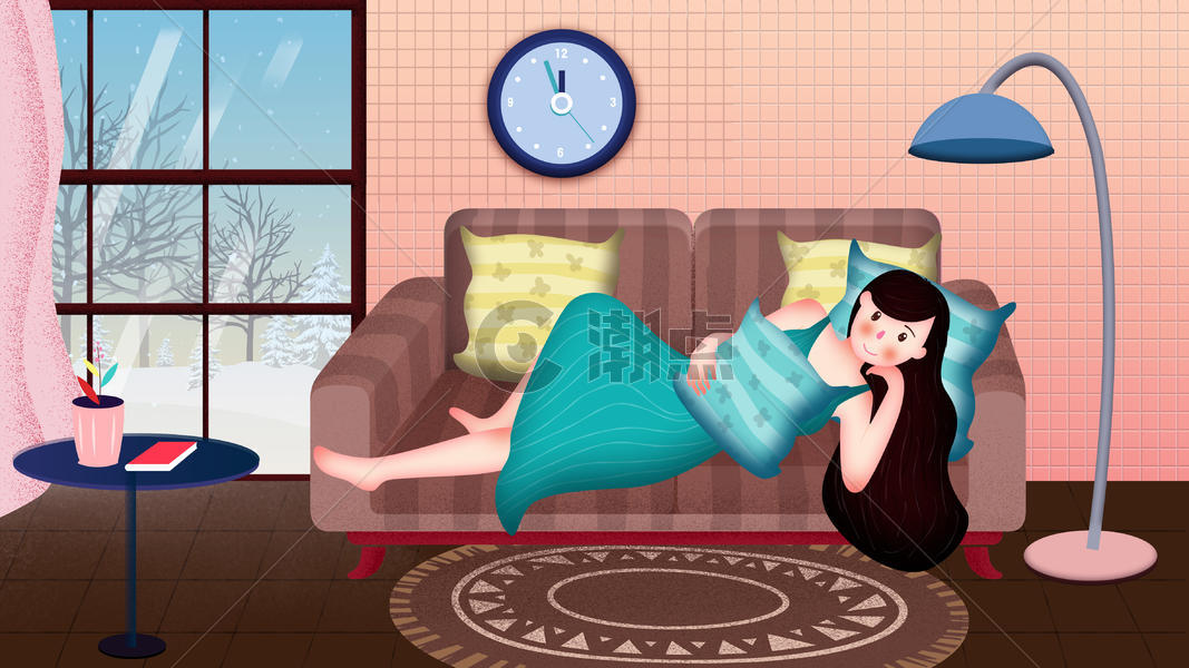 冬天小雪室内女孩沙发休息插画图片素材免费下载