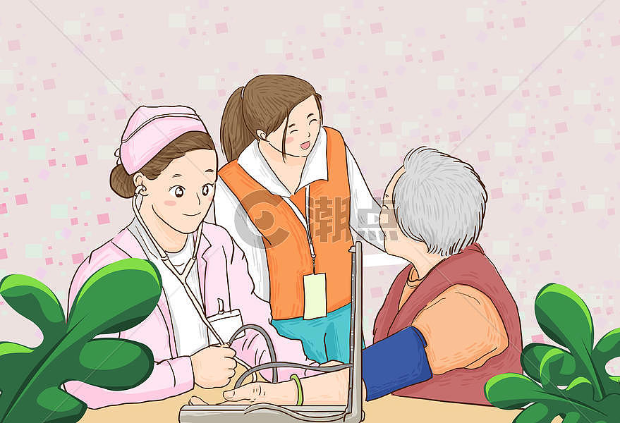 关爱老人志愿者帮老人看病关心老人健康插画图片素材免费下载