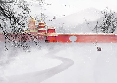 中国风水墨亭台楼阁雪景图片素材免费下载