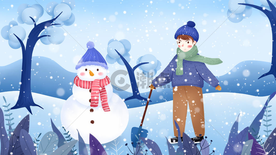 小男孩堆雪人插画图片素材免费下载