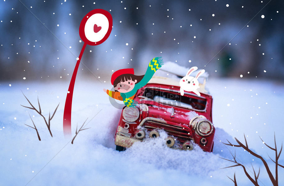 冬天雪中红色的汽车图片素材免费下载